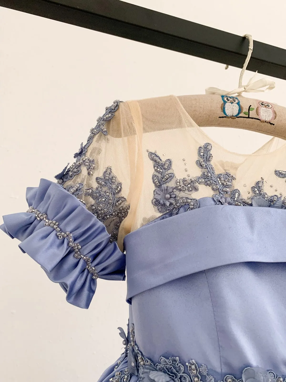 Short Sleeves Sheer Neck Light Blue Satin Wedding Flower Girl Dress, Beaded Lace