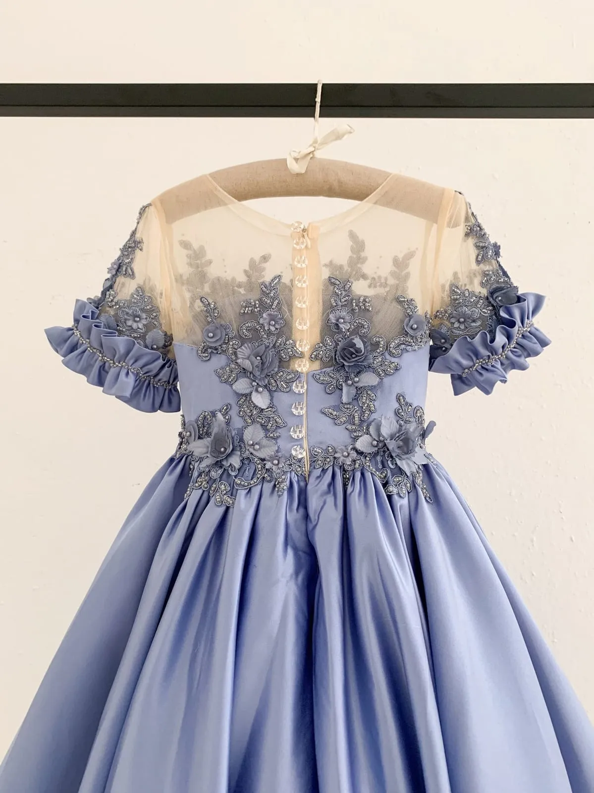 Short Sleeves Sheer Neck Light Blue Satin Wedding Flower Girl Dress, Beaded Lace