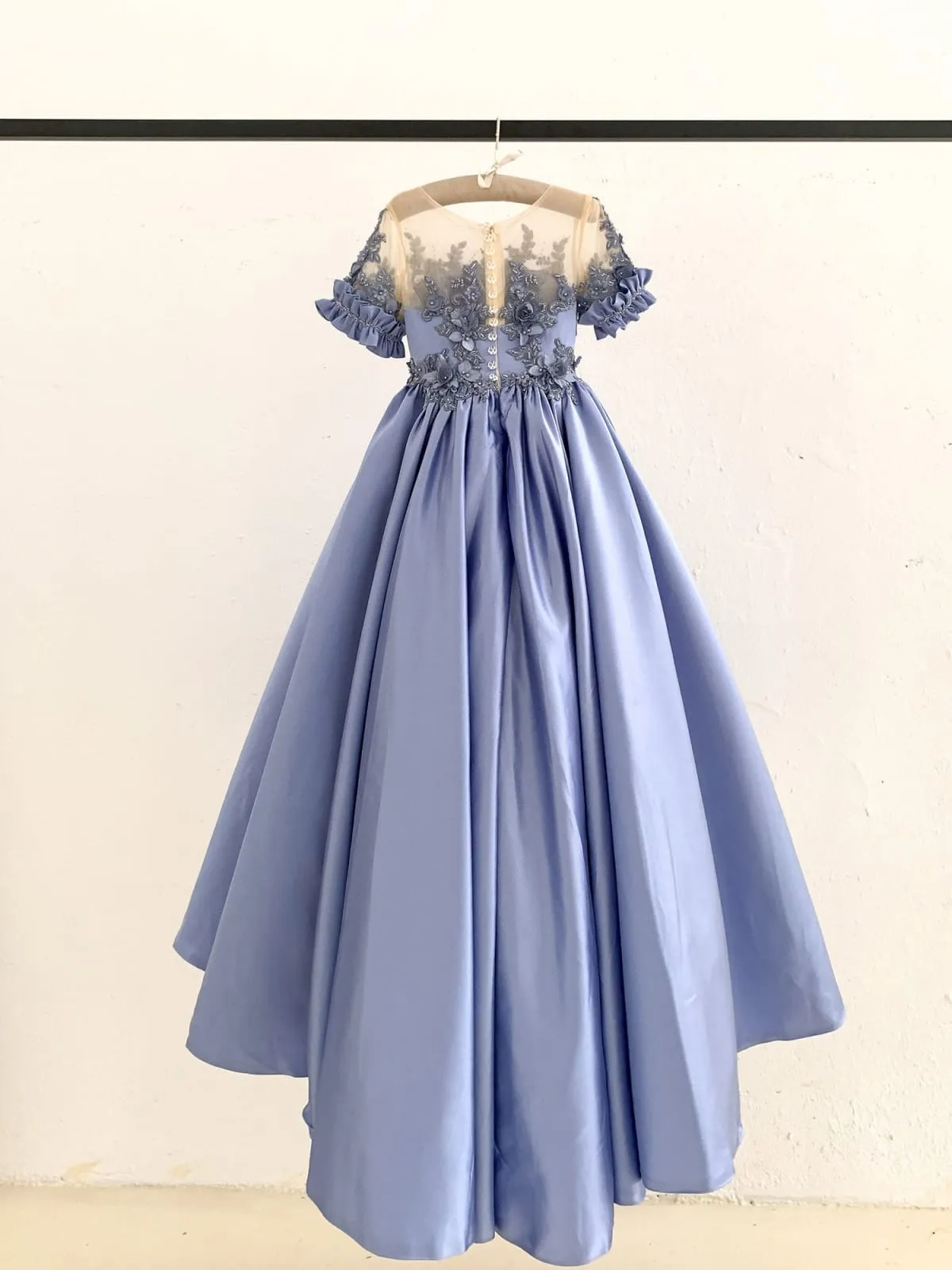 Short Sleeves Sheer Neck Light Blue Satin Wedding Flower Girl Dress, Beaded Lace