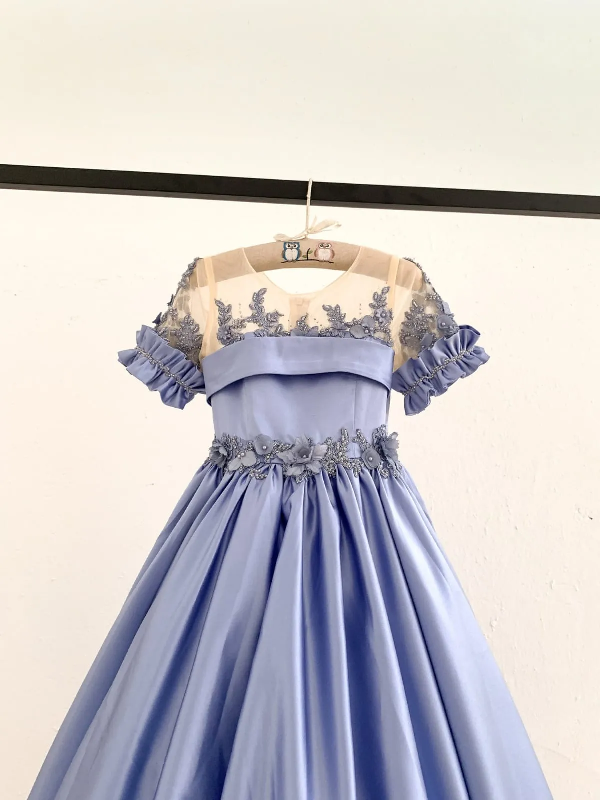 Short Sleeves Sheer Neck Light Blue Satin Wedding Flower Girl Dress, Beaded Lace