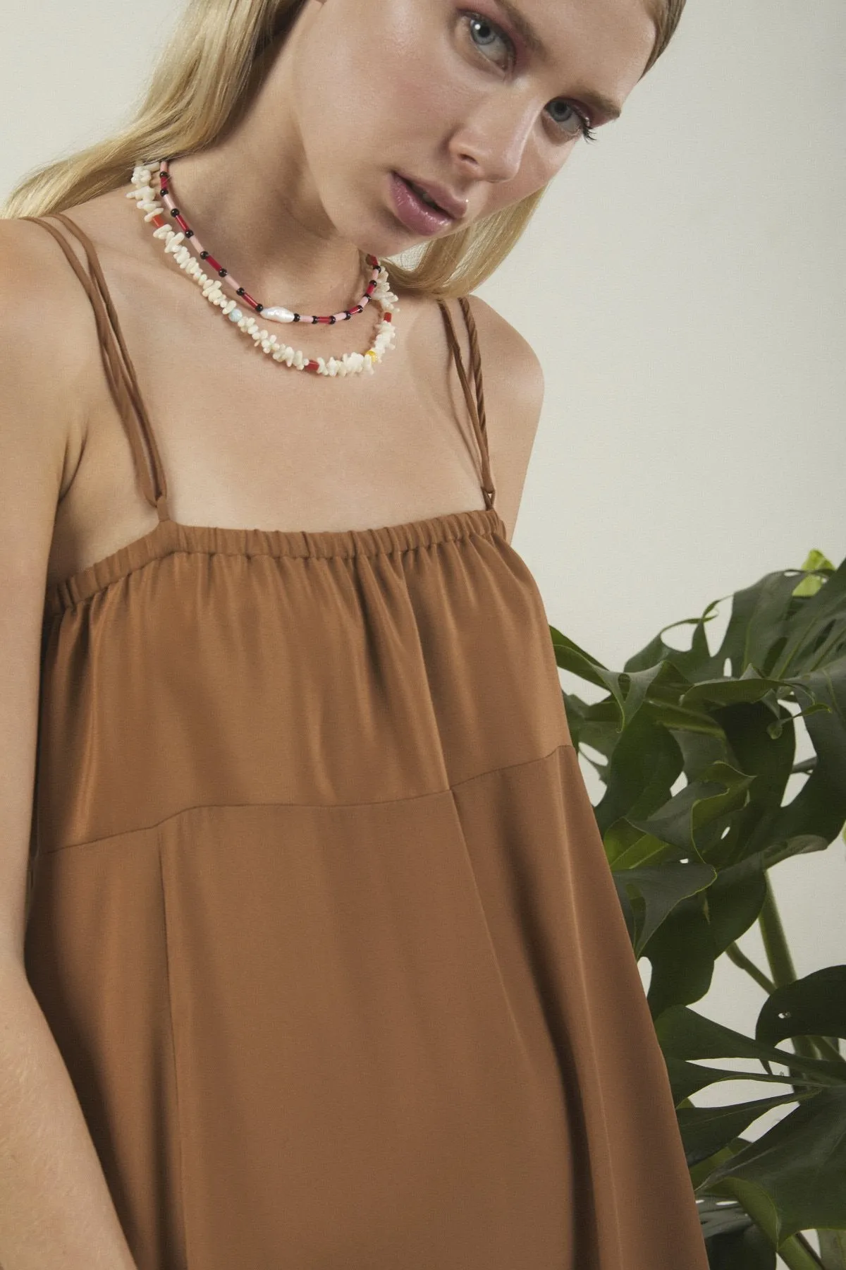 SILK BLEND LONG DRESS - CUOIO COLOR