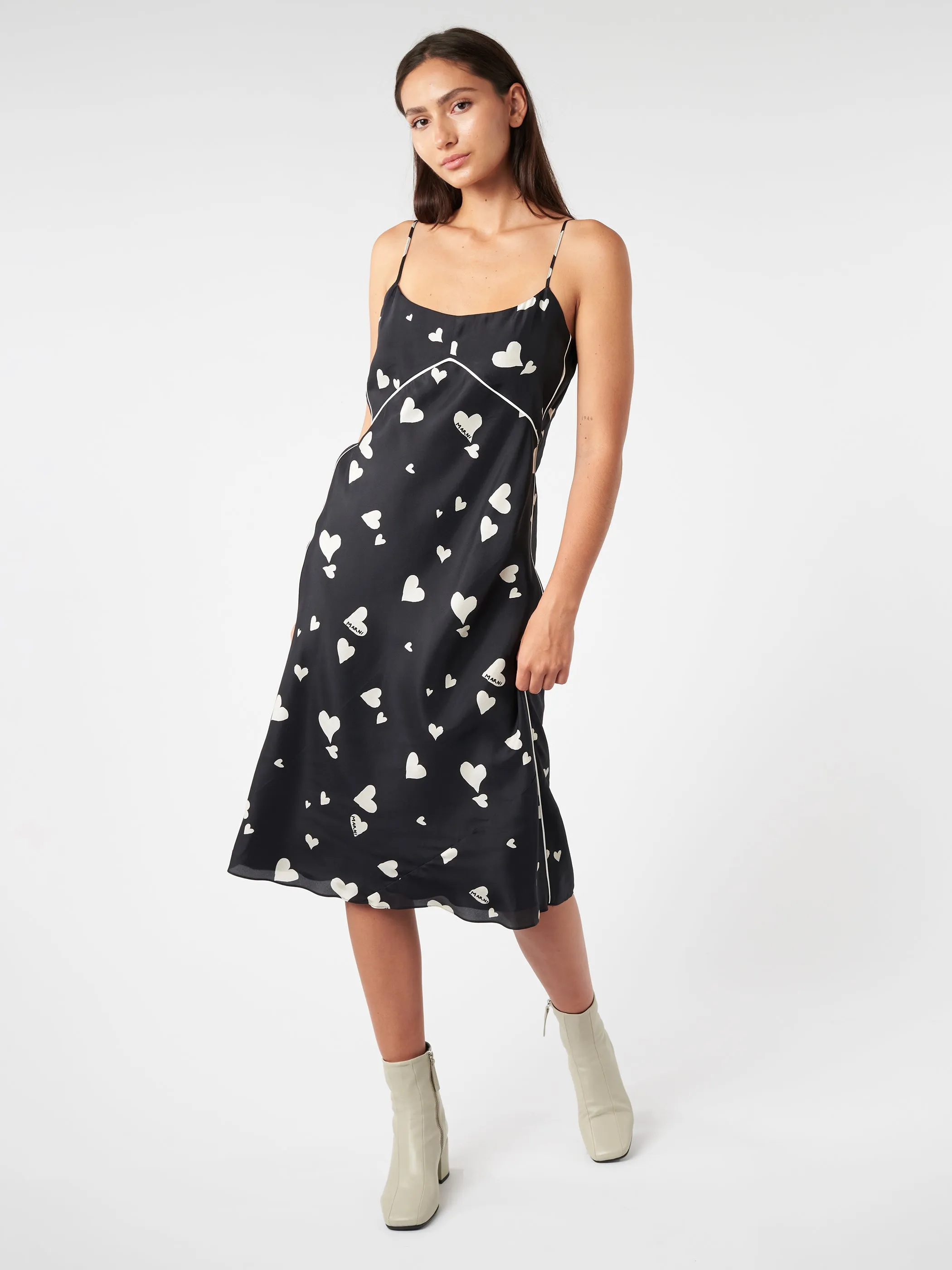 Silk Slip Dress With Bunch Of Hearts Print