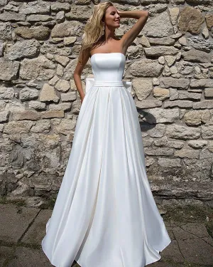 Simple 2018 Satin Wedding Dresses with Big Bow Sexy Strapless Bridal Wedding Gowns