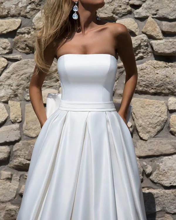Simple 2018 Satin Wedding Dresses with Big Bow Sexy Strapless Bridal Wedding Gowns