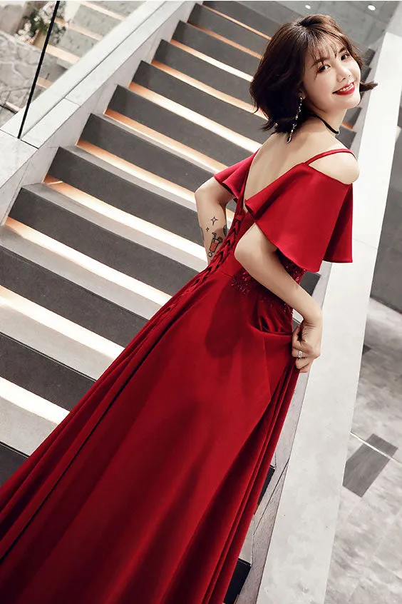 Simple burgundy v neck satin long prom dress, burgundy evening dress