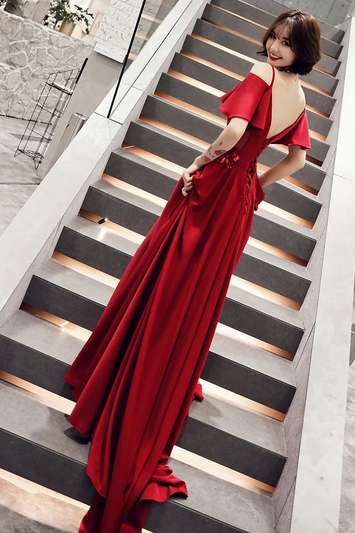 Simple burgundy v neck satin long prom dress, burgundy evening dress
