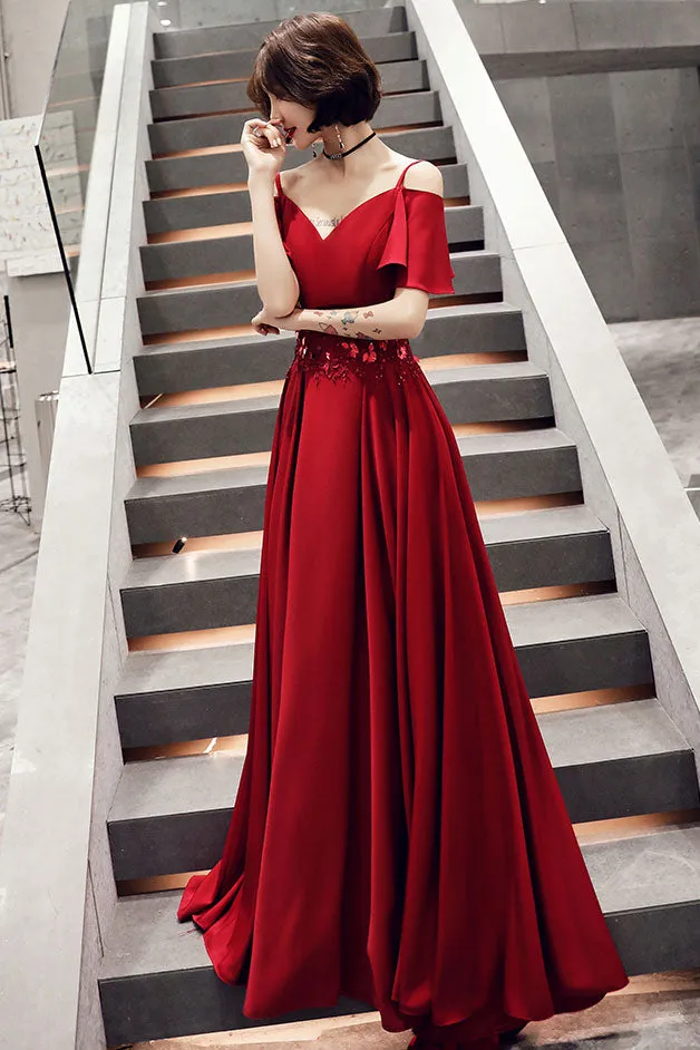 Simple burgundy v neck satin long prom dress, burgundy evening dress