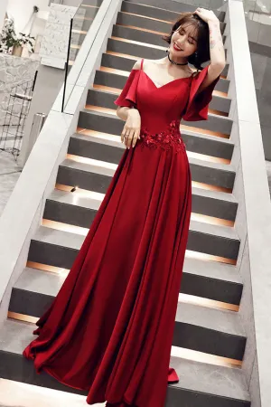 Simple burgundy v neck satin long prom dress, burgundy evening dress