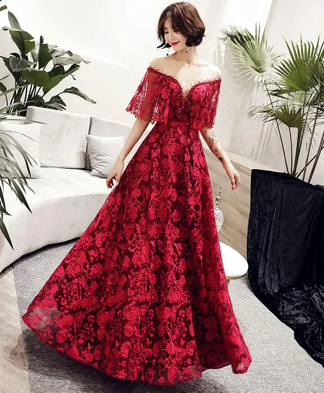 Simple burgundy v neck satin long prom dress, burgundy evening dress