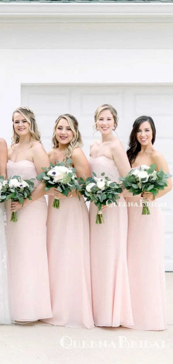 Simple Charming Sweetheart Pink Chiffon A-line Long Cheap Floor-Length Bridesmaid Dresses, BDS0033