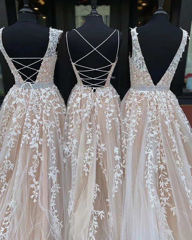 Simple Long Beaded Lace Tulle Prom Dresses Open Back