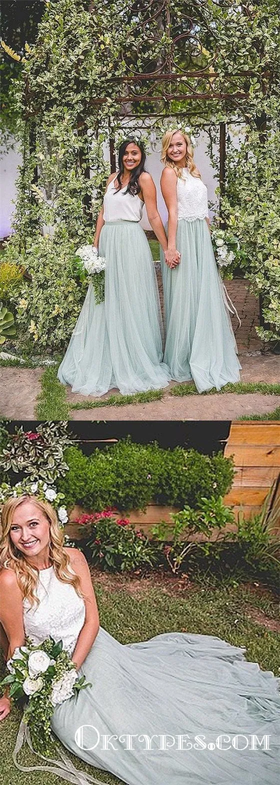 Simple Mismatched A-line Mint Tulle Long Cheap Bridesmaid Dresses, TYP1833