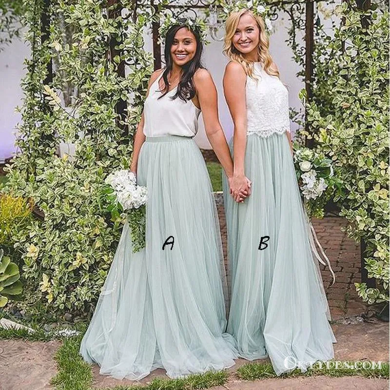 Simple Mismatched A-line Mint Tulle Long Cheap Bridesmaid Dresses, TYP1833