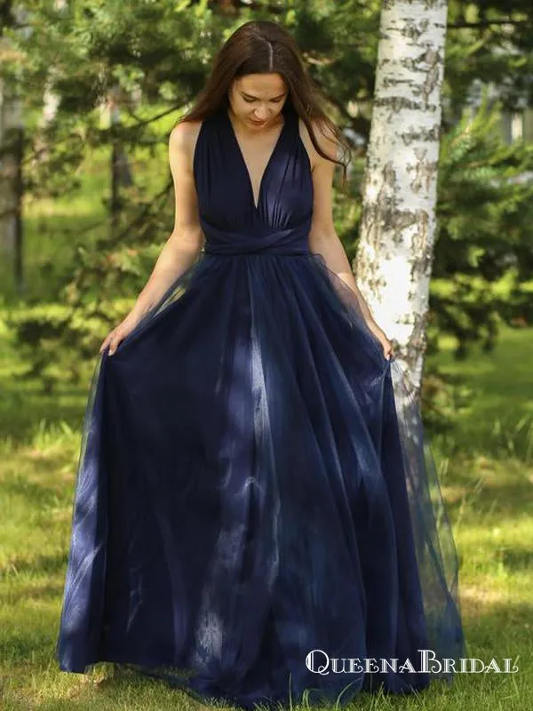 Simple Navy Blue V Neck Sleeveless Long Cheap Prom Dresses, QB0751