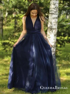 Simple Navy Blue V Neck Sleeveless Long Cheap Prom Dresses, QB0751