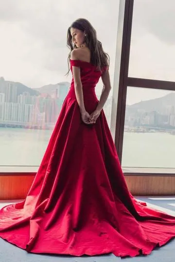 Simple Red A-line Off the Shoulder Long Cheap Prom Dresses, QB0670