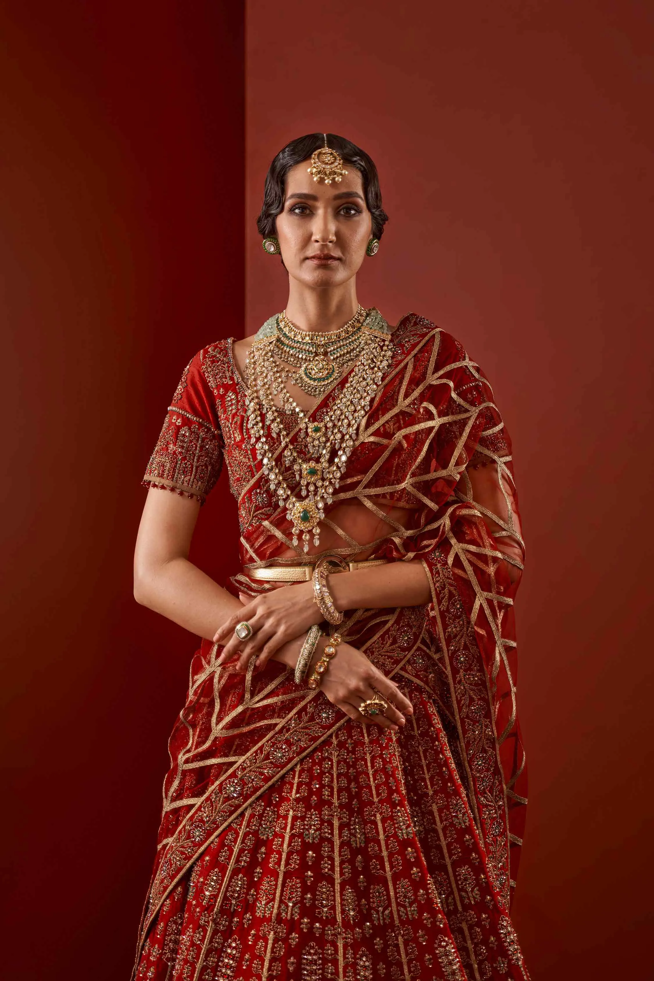 Simple Red Lehenga Bridal Dress in Tilla Work #BN1060