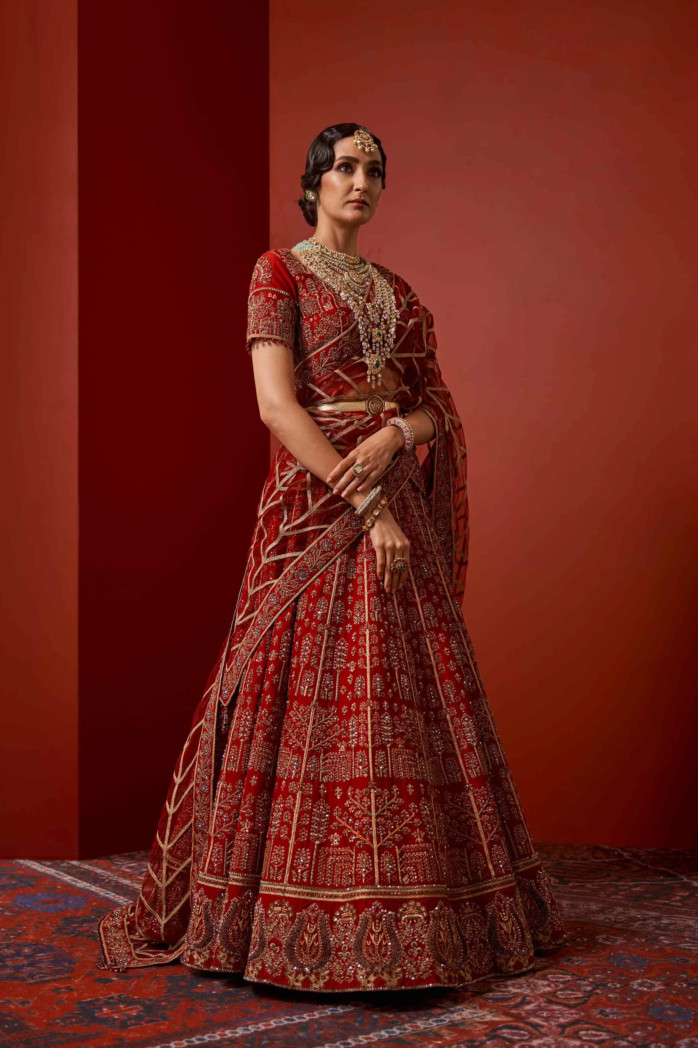 Simple Red Lehenga Bridal Dress in Tilla Work #BN1060