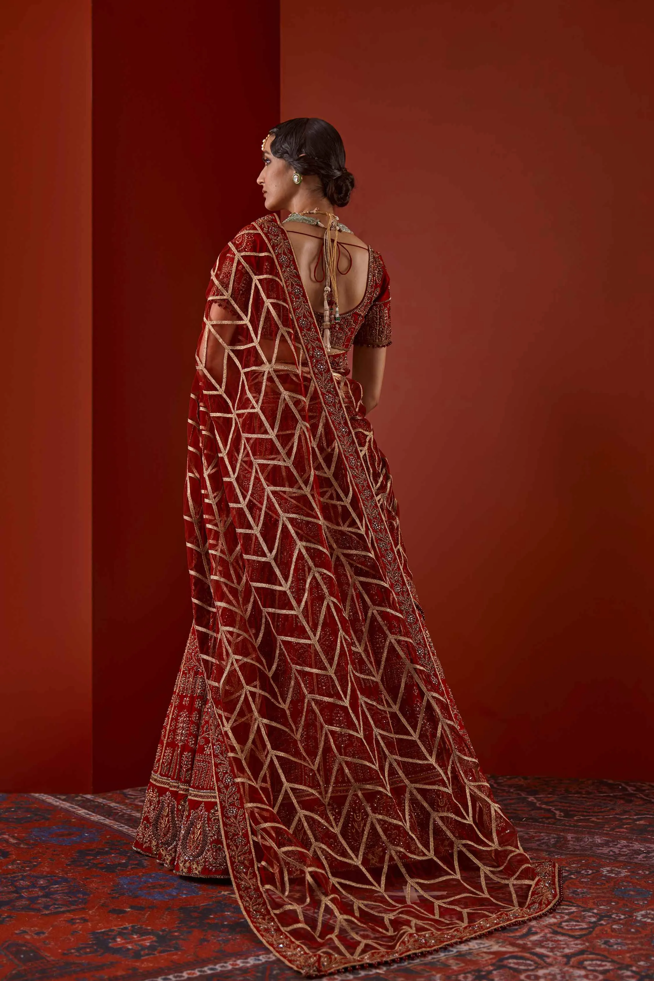 Simple Red Lehenga Bridal Dress in Tilla Work #BN1060