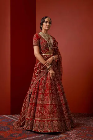 Simple Red Lehenga Bridal Dress in Tilla Work #BN1060