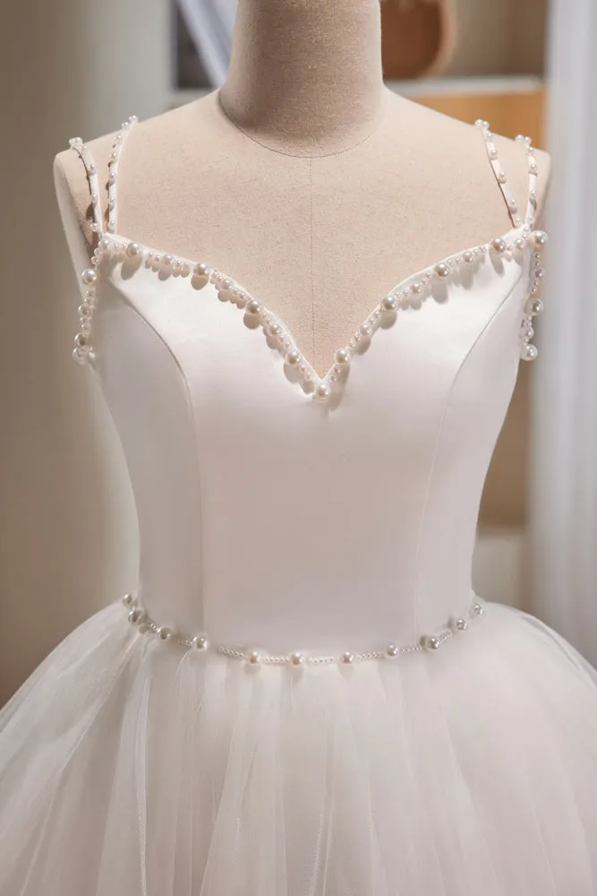 Simple Spaghetti Straps Beading Tulle Short Homecoming Dresses