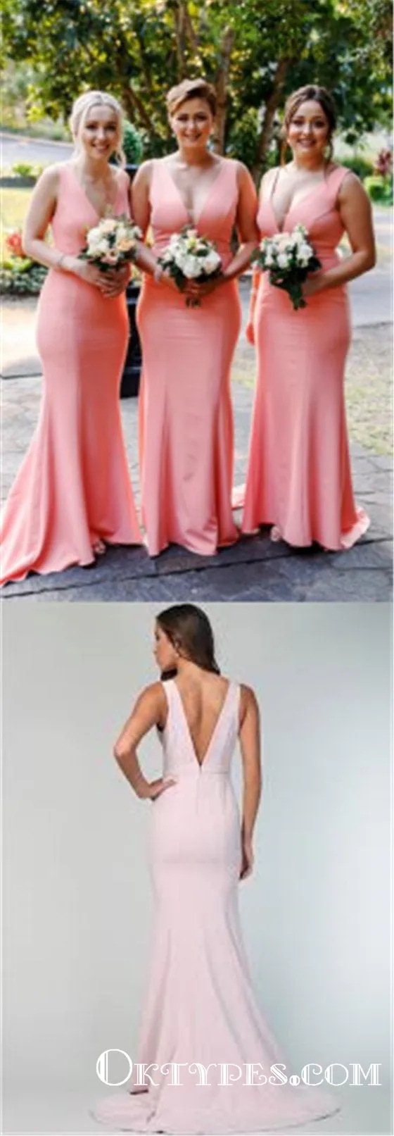 Simple V-neck Peach Mermaid Long Cheap Bridesmaid Dresses, TYP1852