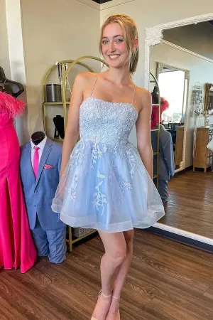 Sky Blue Tulle A-line Backless Homecoming Dresses With Lace Appliques, MH638