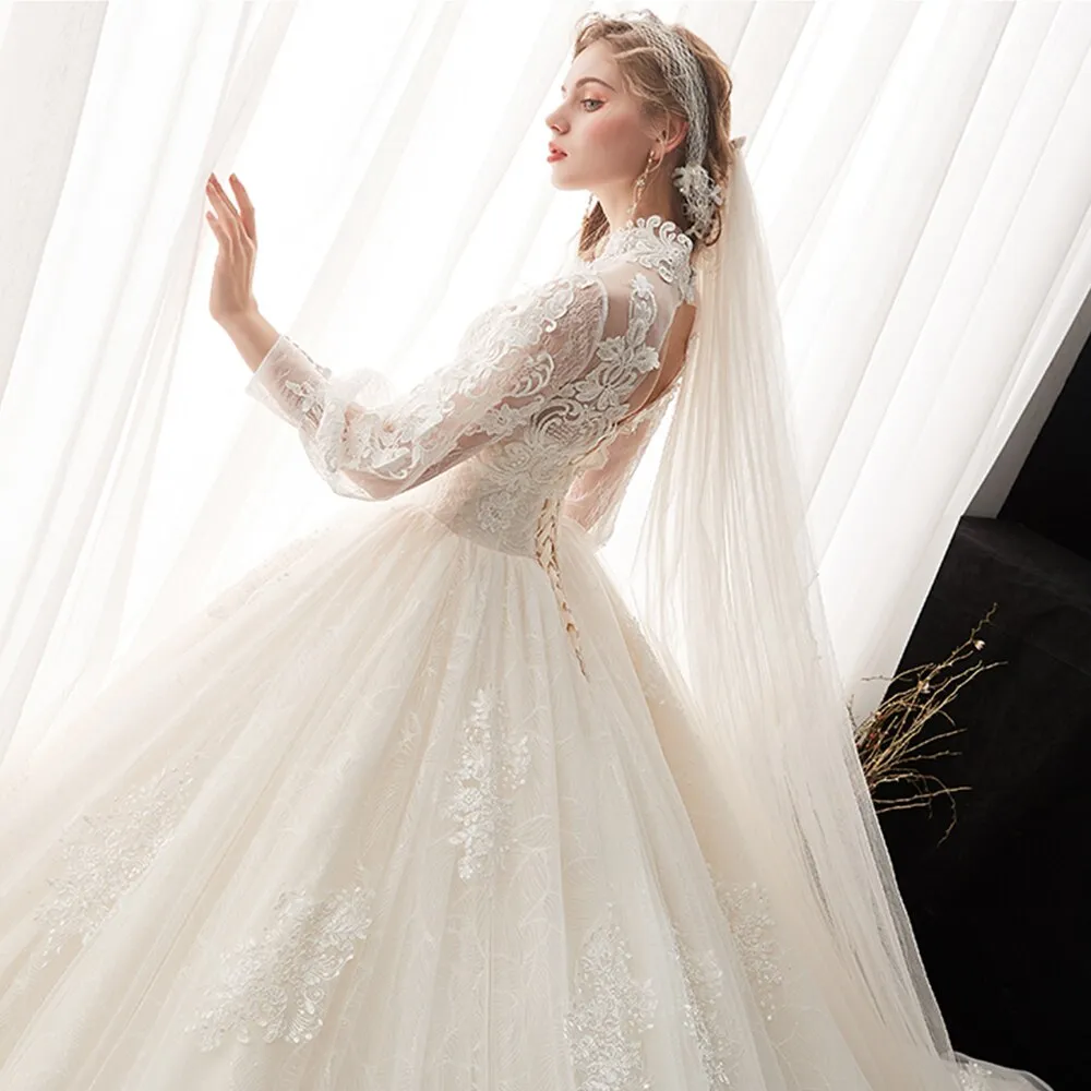 Sleeve Pearls Flowers Appliques Lace Princess Ball Gown Wedding Dresses