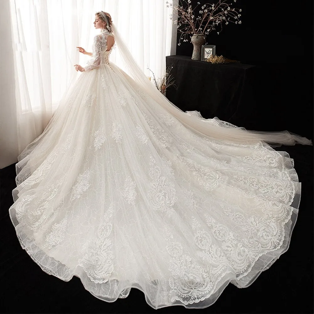 Sleeve Pearls Flowers Appliques Lace Princess Ball Gown Wedding Dresses
