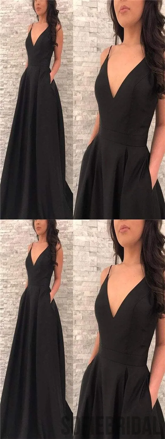 Spaghetti Black Satin Prom Dresses, V-neck Prom Dresses, Long Prom Dresses, Prom Dresses, PD0597