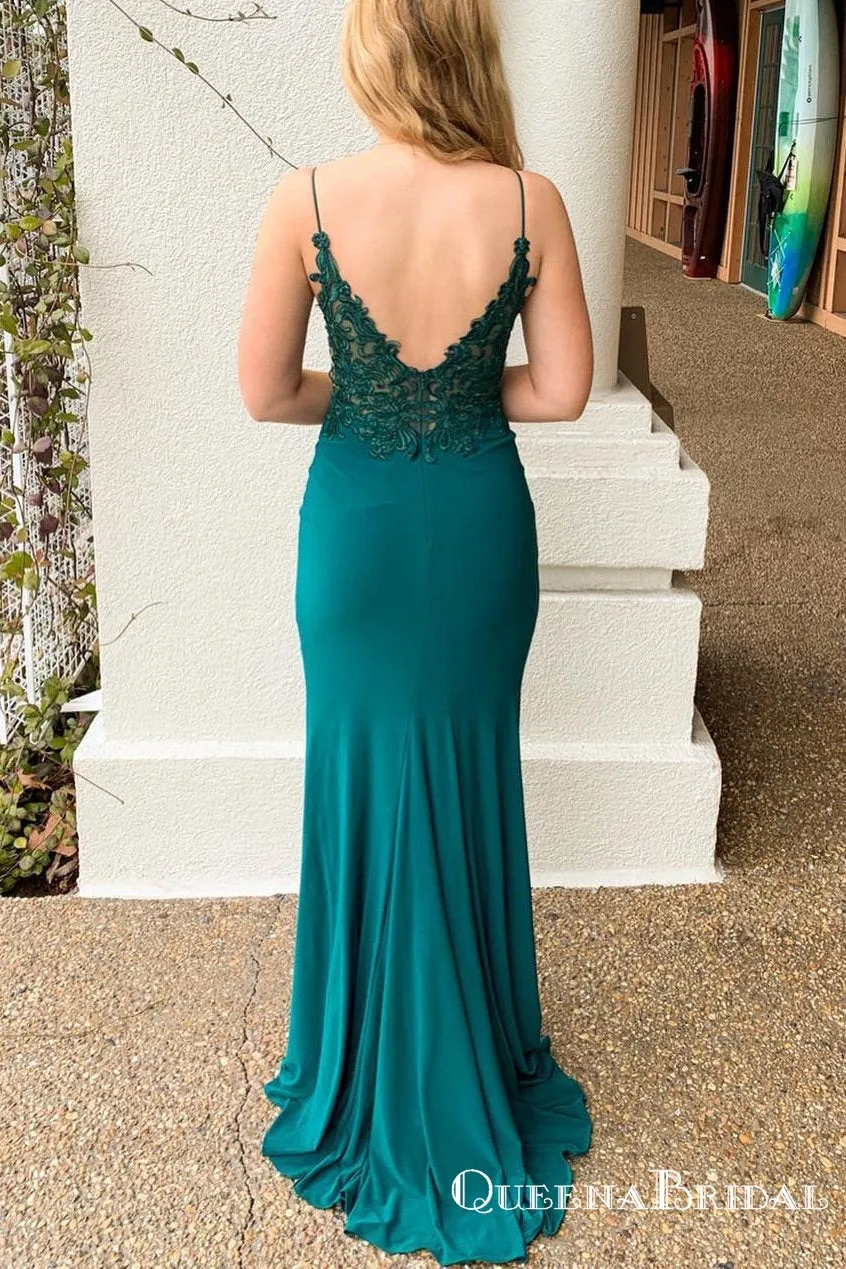 Spaghetti Strap Mermaid V-Back Long Teal Cheap Prom Dresses with Slit, QB0767