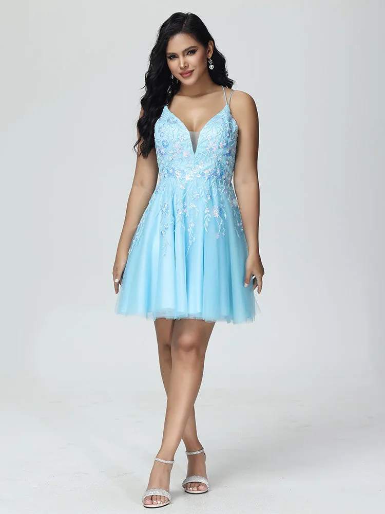 Spaghetti Straps Lace Appliques Tulle Knee Length Homecoming Dress
