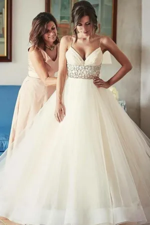 Spaghetti Straps Tulle Wedding Gowns Dress with Rhinestones Band