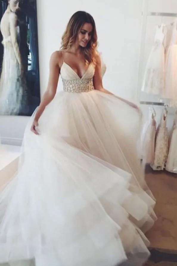 Spaghetti Straps Tulle Wedding Gowns Dress with Rhinestones Band