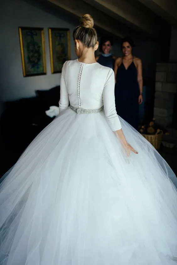 Spandex 3/4 Sleeves Ball Gown Wedding Dresses with Rhinestones Belt
