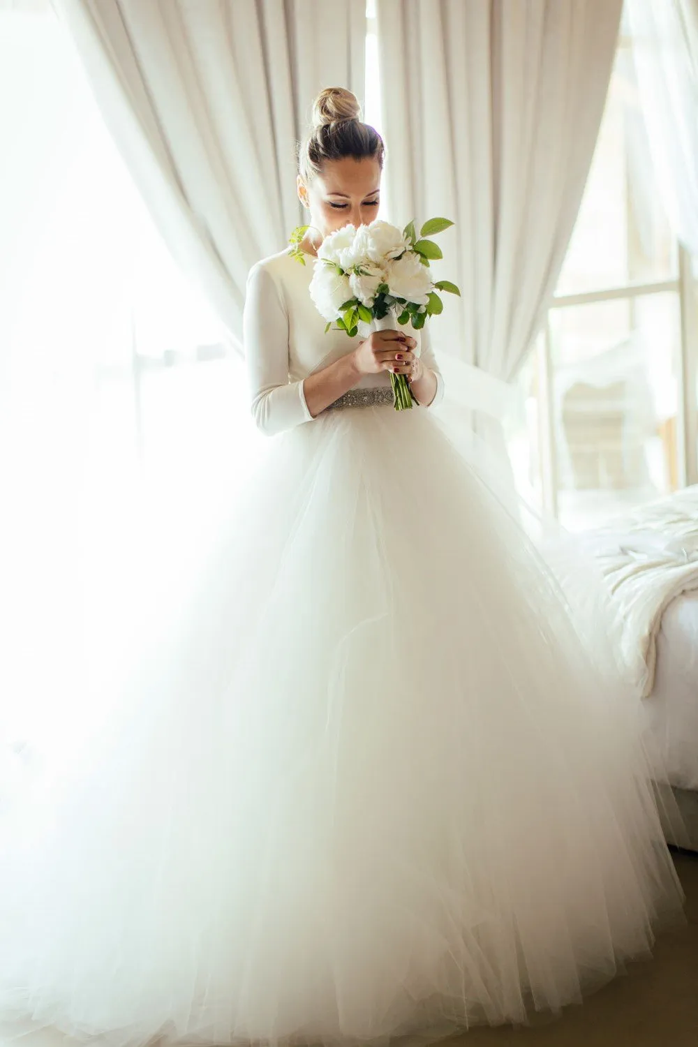 Spandex 3/4 Sleeves Ball Gown Wedding Dresses with Rhinestones Belt