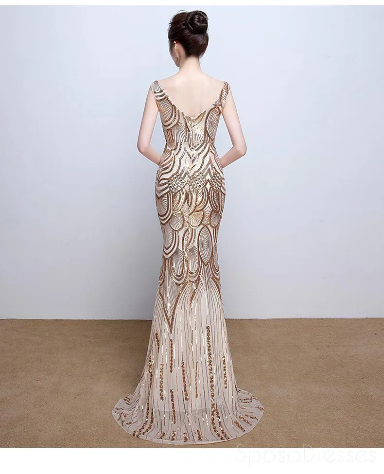 Sparkle Gold Sequin Deep V Neck Long Mermaid Prom Dresses, TYP1381