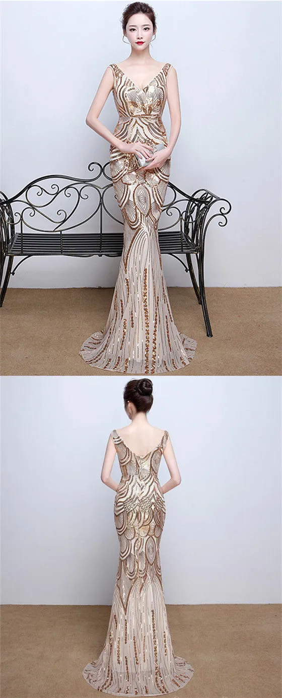 Sparkle Gold Sequin Deep V Neck Long Mermaid Prom Dresses, TYP1381