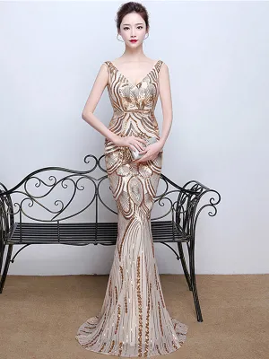 Sparkle Gold Sequin Deep V Neck Long Mermaid Prom Dresses, TYP1381