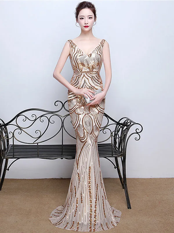 Sparkle Gold Sequin Deep V Neck Long Mermaid Prom Dresses, TYP1381