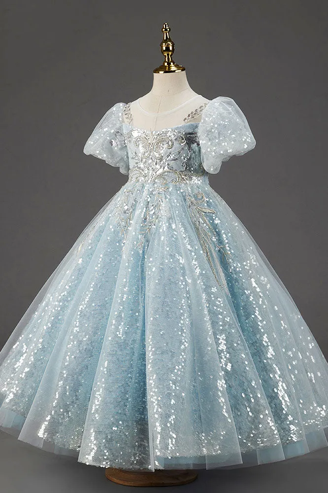 Sparkly Ice Blue Girls Ball Gown Dress CL2004
