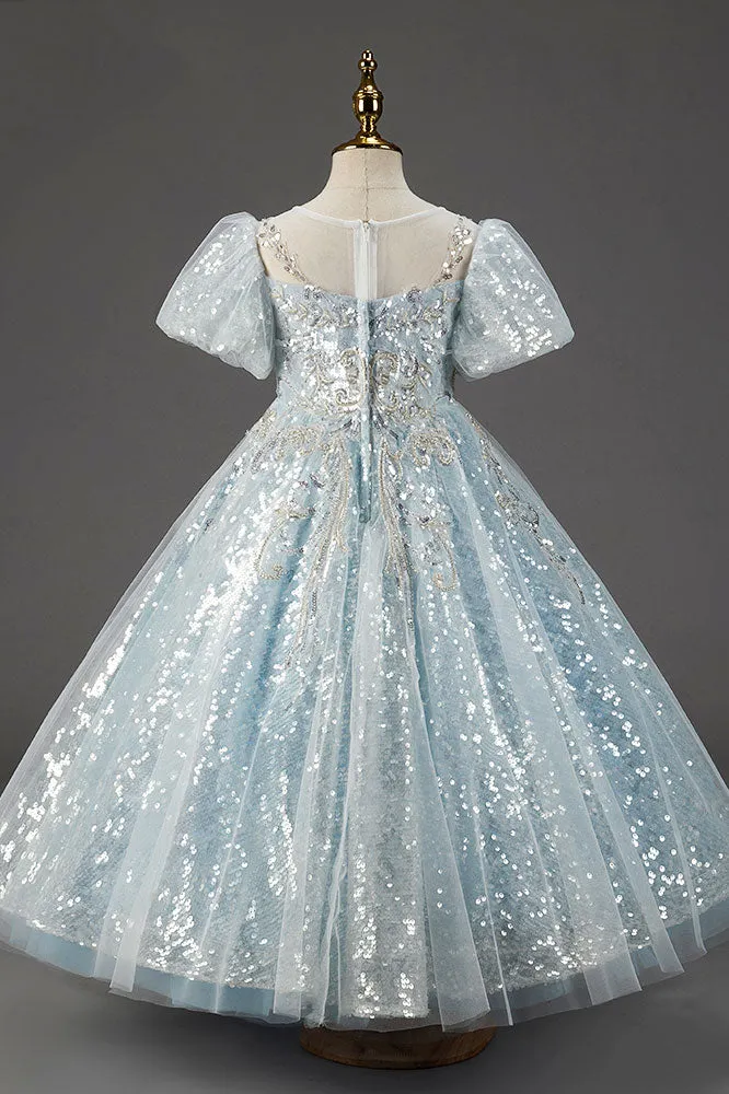 Sparkly Ice Blue Girls Ball Gown Dress CL2004