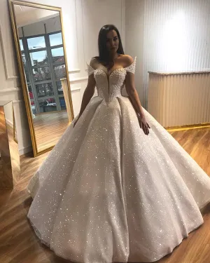 Sparkly Princess Wedding Dresses with Cap Sleeve 2019 Elegant Bridal Dress Ball Gown Pearls