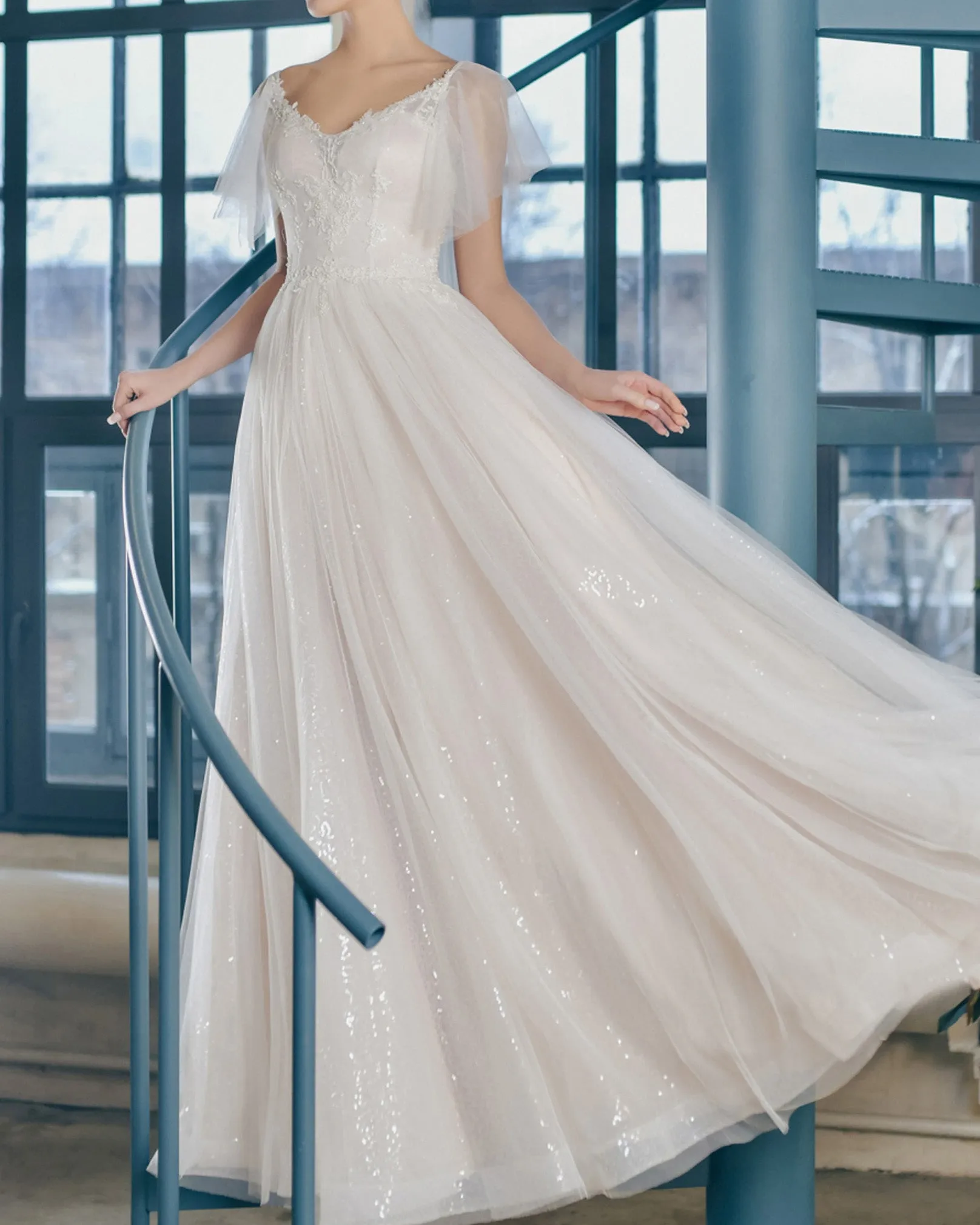 Sparkly Sequined Wedding Dress Butterfly Sleeve V-Neckline Princess A-line Silhouette Tulle Bridal Gowns Outdoors