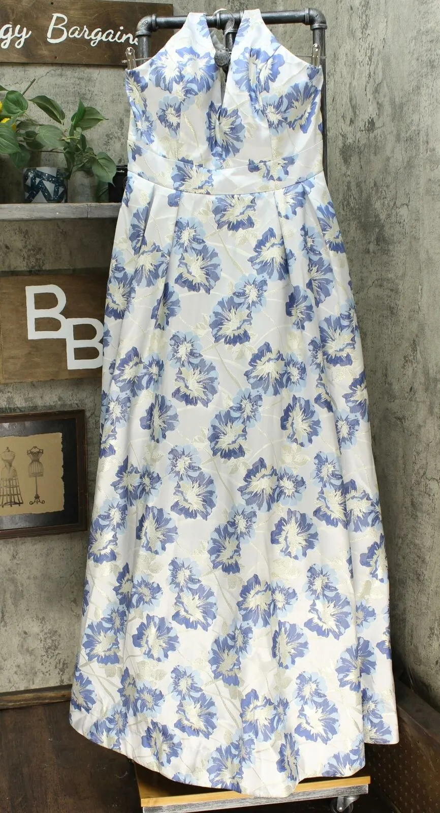 Speechless Juniors' Metallic Floral Brocade Halter Gown Blue / Gold 15
