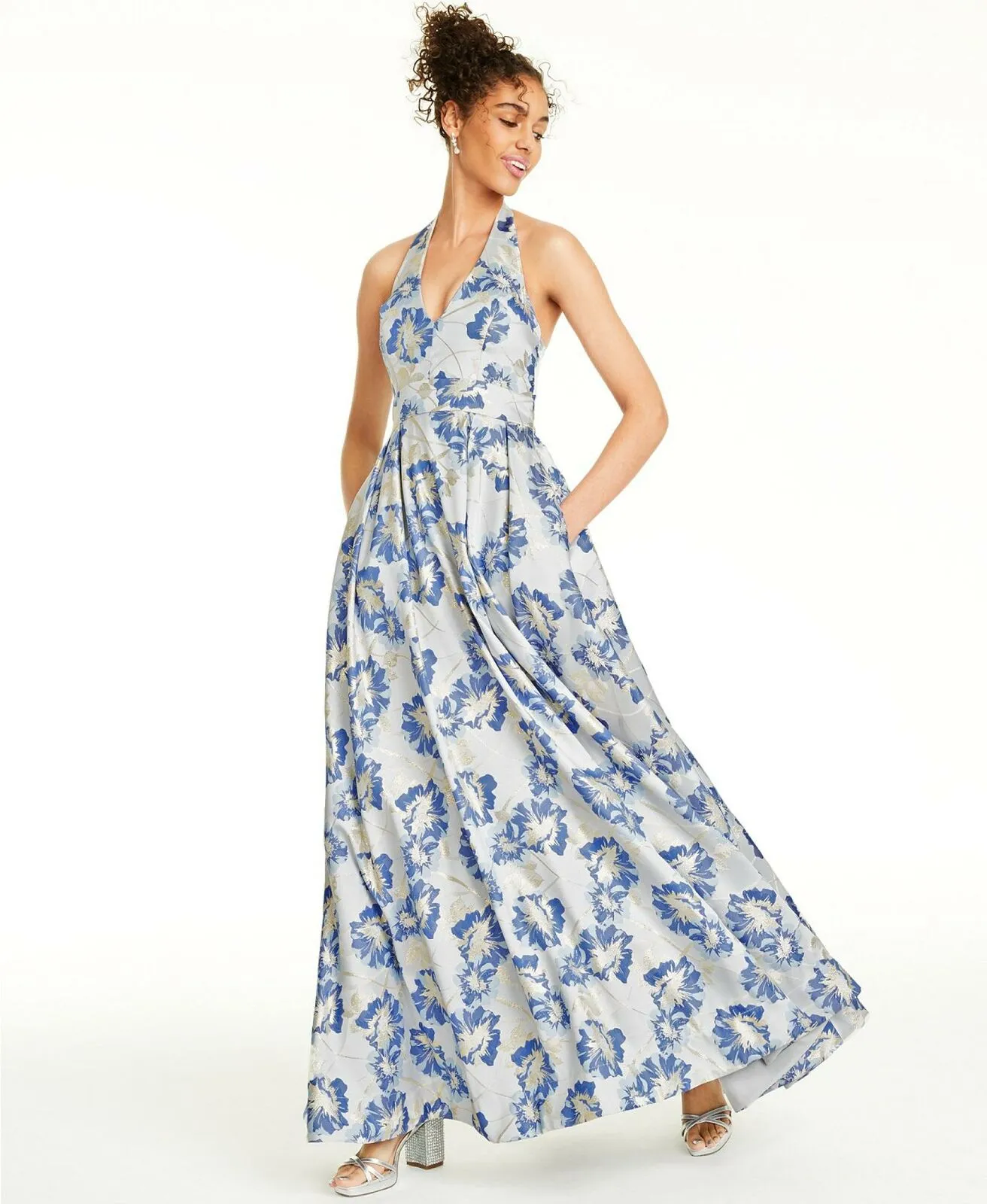 Speechless Juniors' Metallic Floral Brocade Halter Gown Blue / Gold 15