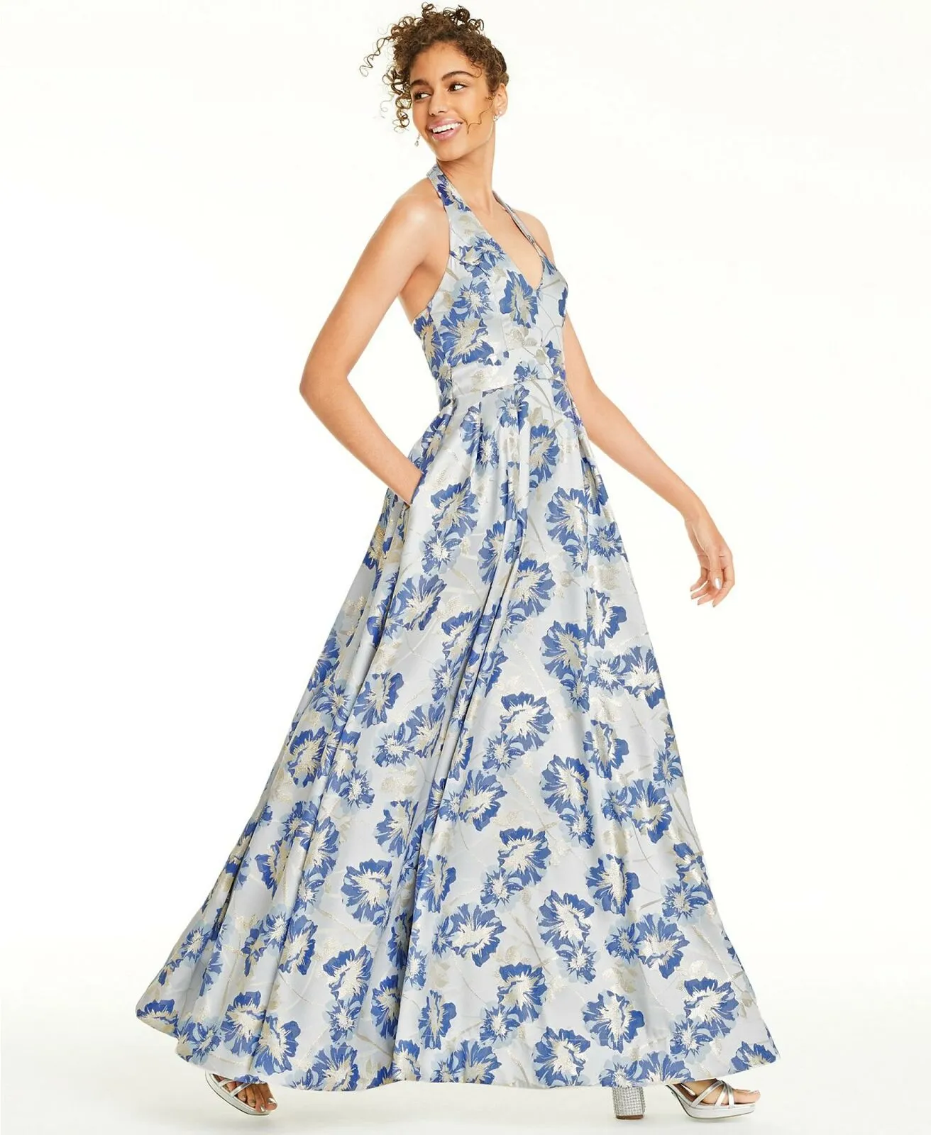 Speechless Juniors' Metallic Floral Brocade Halter Gown Blue / Gold 15