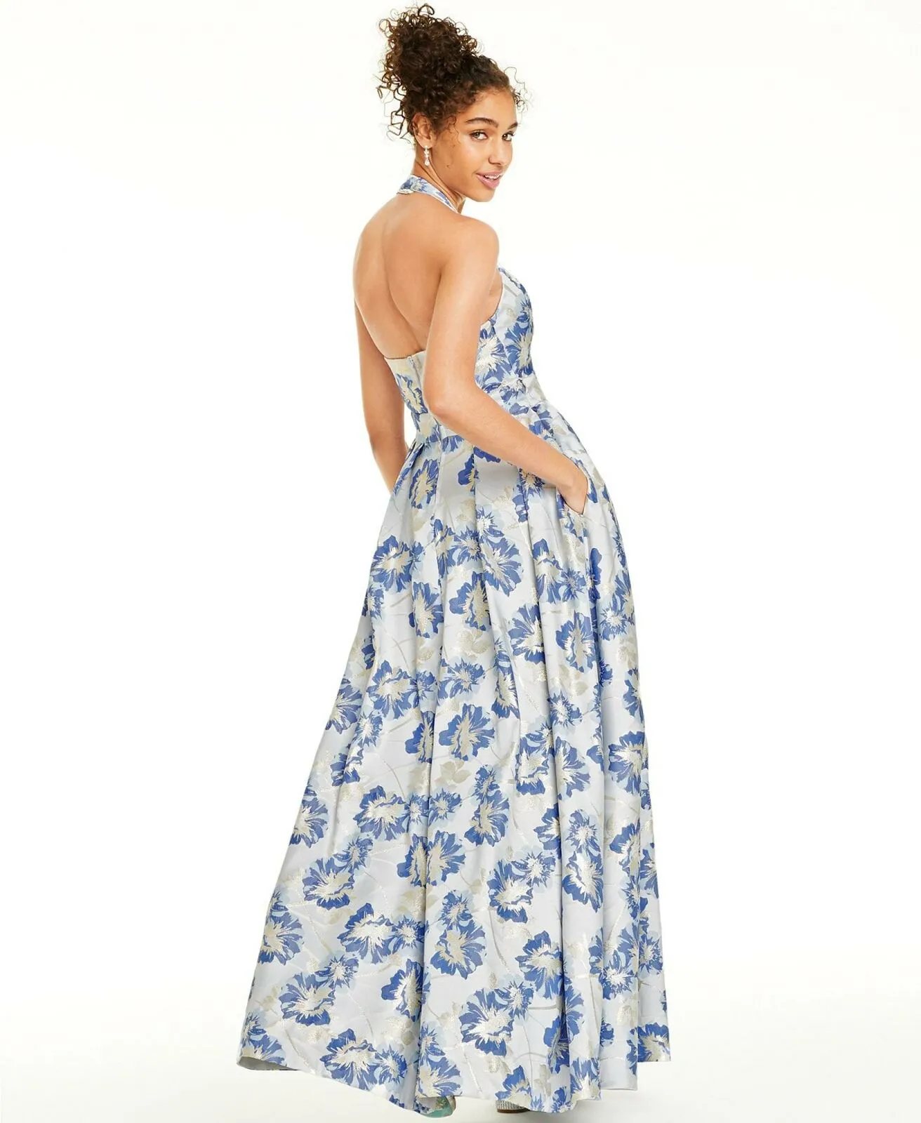 Speechless Juniors' Metallic Floral Brocade Halter Gown Blue / Gold 15