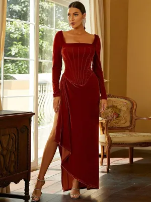 Squaer Neck Long Sleeve Maxi Red Sequin Dress XJ1530