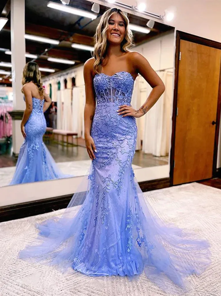 Strapless Blue Lace Mermaid Prom Dresses, Lace Mermaid Formal Evening Dresses